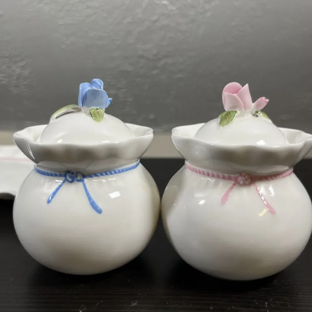 VintageVictorian Capodimonte Blue/pink‎ Rose Hankook Bone China Sugar Bowls Tray